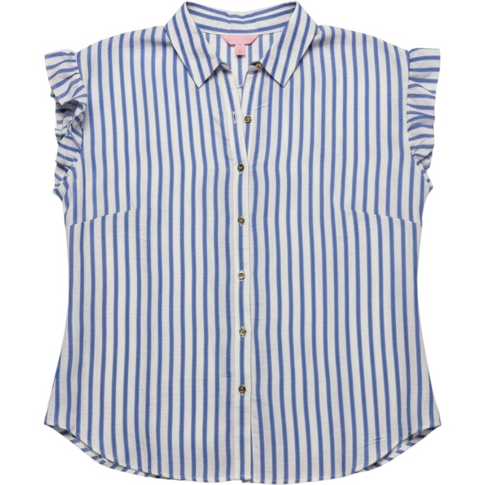 Lilly Pulitzer Blue White Striped Ruffle Sleeve Button Up Blouse Large Beach